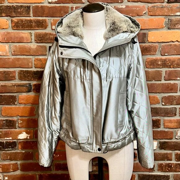 Charles Nolan Silver Silk Apres-ski Hooded Jacket With Fur Size Small - Picture 1 of 9